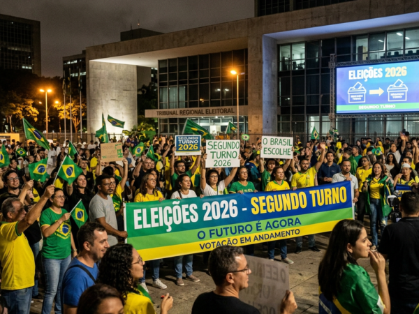 Crowd holding Brazilian flags and signs reading “ELEIÇÕES 2026 – SEGUNDO TURNO”